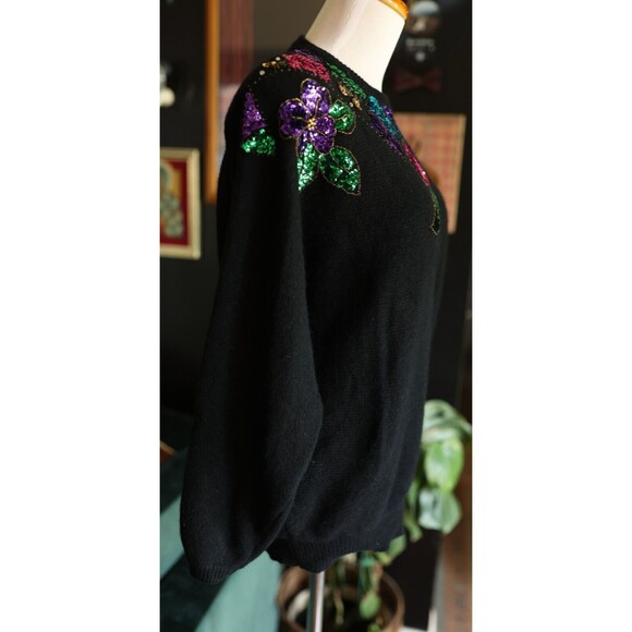 Vintage In Charge Black Floral Sequin Sweater Lambswool Angora Medium 80s - Picture 7 of 11